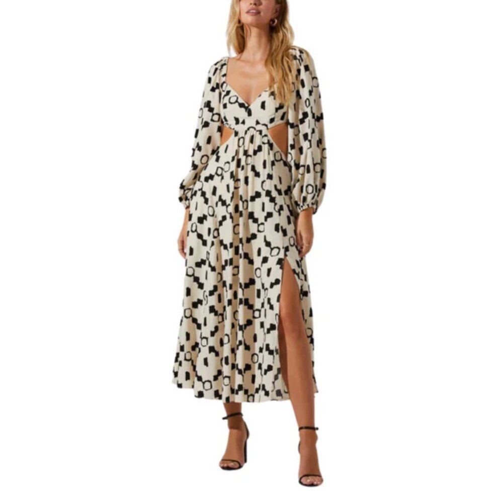 Astr Black and Cream Geometric Long Sleeve Dress